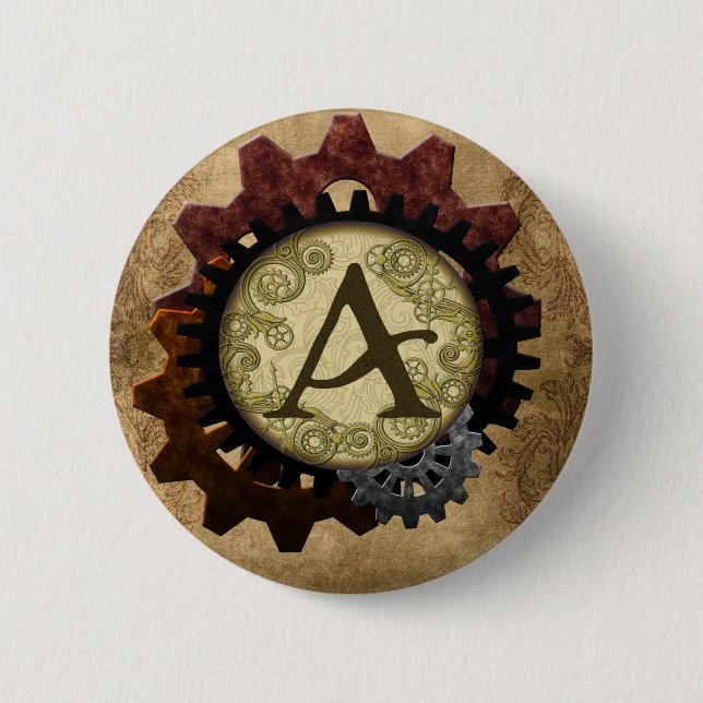 Badge Rond 5 Cm LETTRE MONOGRAPHIQUE A GRUNGE Gears Steampunk (Devant)