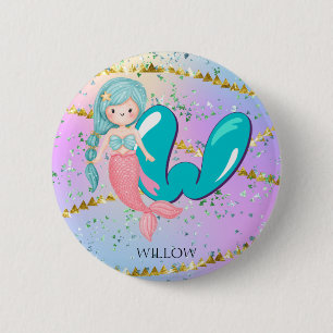 Badge Rond 5 Cm Lettre W Monogram Aquarelle mignonne Sirène