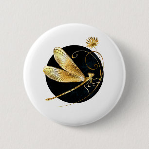 Badge Rond 5 Cm libellule d'or en cercle noir