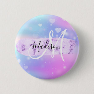 Badge Rond 5 Cm Licorne Arc-en-Ciel Cœurs Monogramme Coloré Fémini