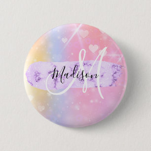 Badge Rond 5 Cm Licorne Arc-en-Ciel Cœurs Monogramme Coloré Fémini