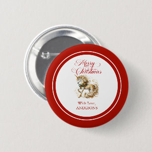 Badge Rond 5 Cm Licorne de Noël élégante blanche et or