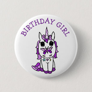 Badge Rond 5 Cm Licorne Fille d'anniversaire Violet
