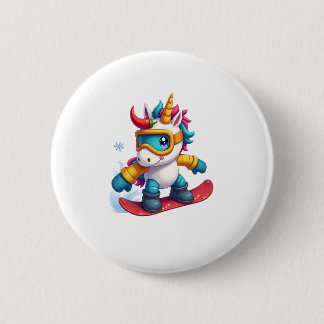 Badge Rond 5 Cm Licorne sur Snowboard - Ski drôle et sports d'hive