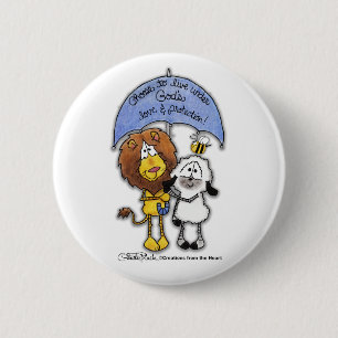 Badge Rond 5 Cm Lion et agneau sous parapluie