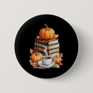 Badge Rond 5 Cm Livres Café Automne Feuilles Et Citrouilles Biblio