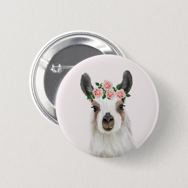 Badge Rond 5 Cm Llama Fluffée Cute Avec Couronne Fleur Rose Rose (Devant & derrière)