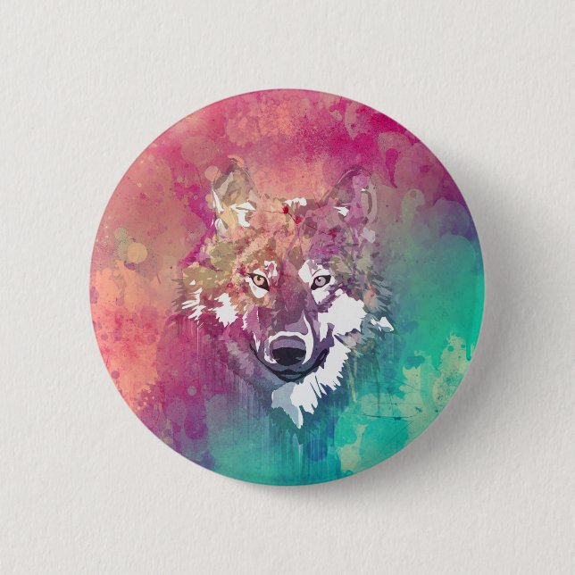 Badge Rond 5 Cm Loup abstrait artistique d'aquarelle rose de (Devant)