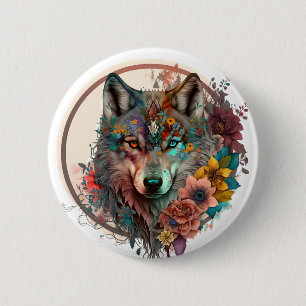 Badge Rond 5 Cm Loup Coloré Avec Fleurs