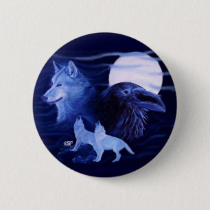 Badge Rond 5 Cm Loup et corbeau avec pleine lune
