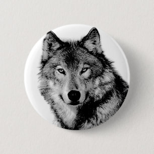 Badge Rond 5 Cm Loup noir et blanc