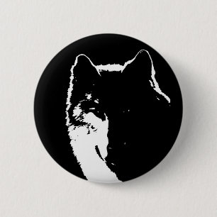 Badge Rond 5 Cm Loup noir et blanc