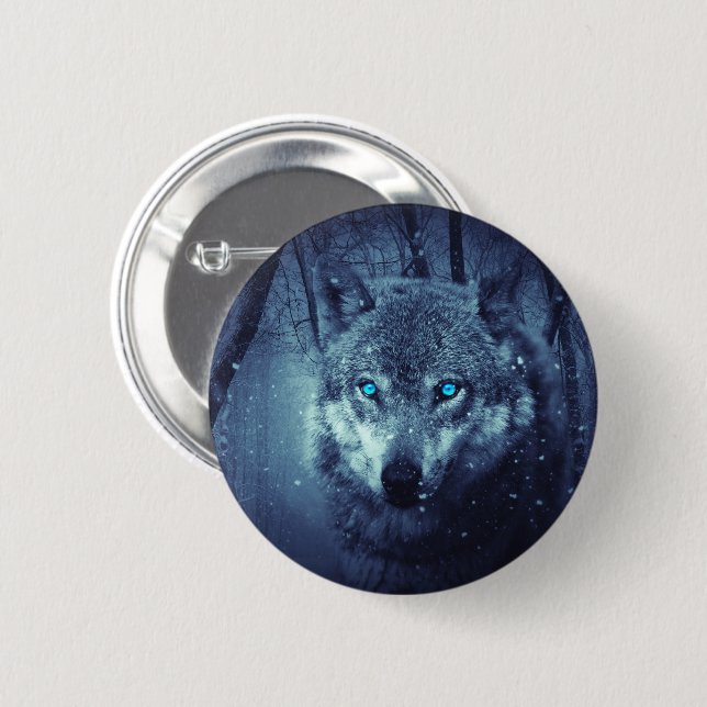 Badge Rond 5 Cm Loup sauvage magique aux yeux bleus Extraordinaire (Devant & derrière)