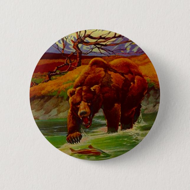 Badge Rond 5 Cm L'ours gris pêchant la faune soutient le cadeau de (Devant)