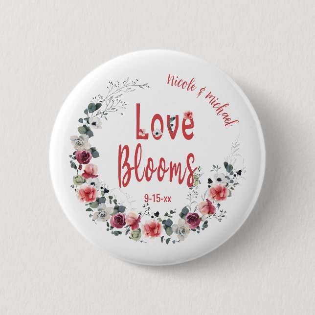 Badge Rond 5 Cm Love Blooms Personnalisée Mariée Groom Mariage Dat (Devant)