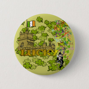 Badge Rond 5 Cm Lucky Leprechaun et son château irlandais