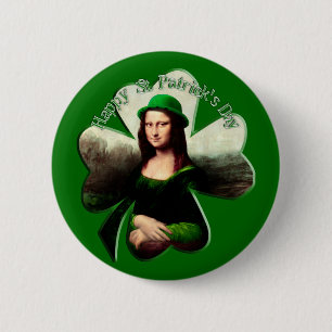 Badge Rond 5 Cm Lucky Mona Lisa Shamrock de la Saint Patrick