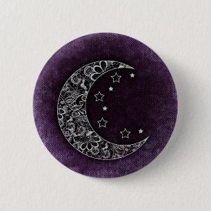 Badge Rond 5 Cm Lune à croissant floral d'or et étoiles sur violet