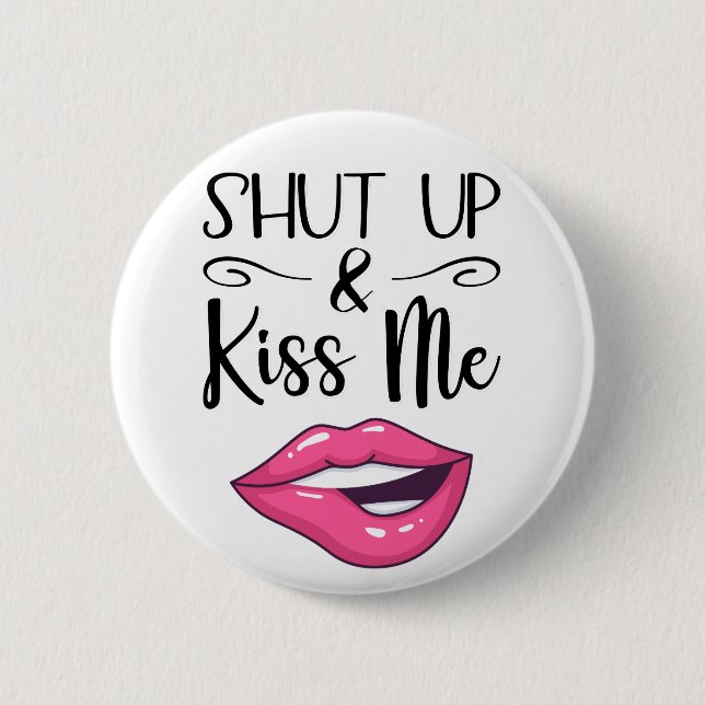 Badge Rond 5 Cm Magenta lèvres de dessin ferme et m'embrasse blanc (Devant)
