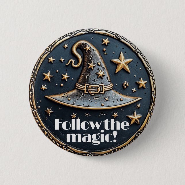 Badge Rond 5 Cm Magic broche sorcière pointé casquette et étoiles  (Devant)