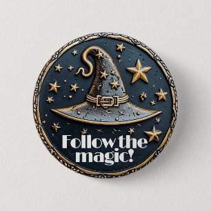 Badge Rond 5 Cm Magic broche sorcière pointé casquette et étoiles