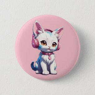 Badge Rond 5 Cm Magic Chaton Mignon avec Écouteurs