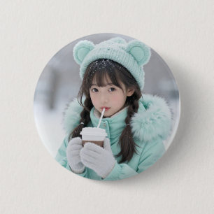 Badge Rond 5 Cm Magie de l'Hiver : Bouton Anime Fille au Mint Ador