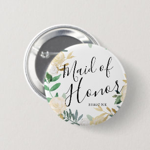 Badge Rond 5 Cm Maid of Honor White Rose Bouquet Mariage personnal