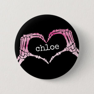 Badge Rond 5 Cm Main de squelette rose symbole de cœur d'amour, Fi