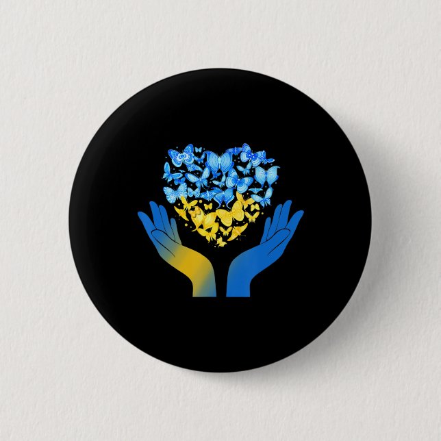 Badge Rond 5 Cm Main Love Heart Butterfly Ukrainien Drapeau Stand  (Devant)