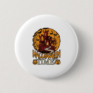 Badge Rond 5 Cm Maison Hantée Halloween Pleine Lune Citrouilles