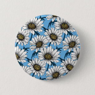 Badge Rond 5 Cm Maisonnettes, fleurs sauvages sur bleu