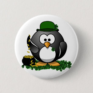 Badge Rond 5 Cm Manchot Chanceux de la Saint-Patrick avec Pot d'Or