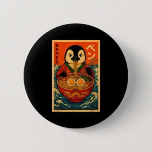 Badge Rond 5 Cm Manchot mangeant des nouilles japonaises Ramen drô