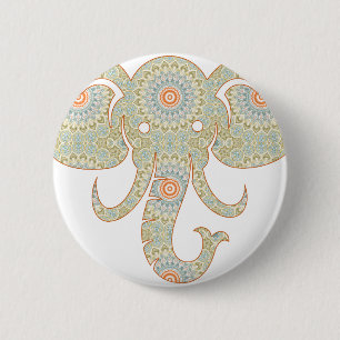 Badge Rond 5 Cm Mandala éléphant en vert clair et orange