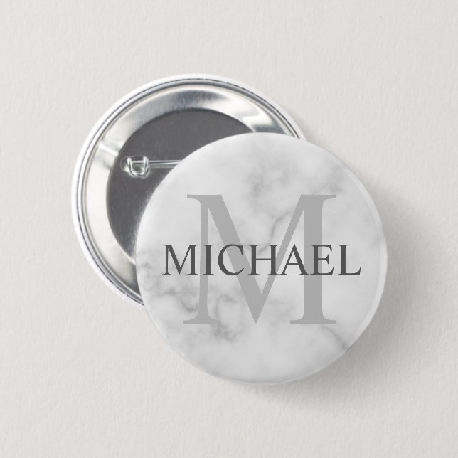 Badge Rond 5 Cm Marbre blanc classique Monogramme personnalisé et  (Devant & derrière)