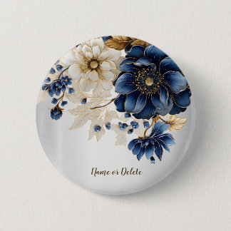 Badge Rond 5 Cm Mariage Marine Bleu Blanc Or Floral Argent