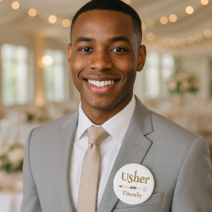 Badge Rond 5 Cm Mariage Usher Gold et White