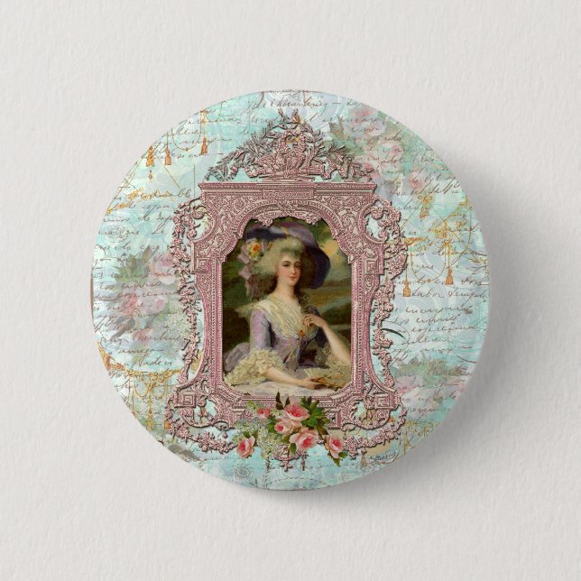 Badge Rond 5 Cm Marie Antoinette dans un cadre rose (Devant)