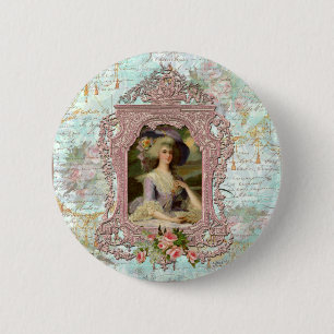 Badge Rond 5 Cm Marie Antoinette dans un cadre rose