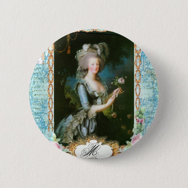 Badge Rond 5 Cm Marie Antoinette et Roses roses (Devant)