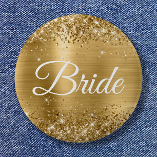 Badge Rond 5 Cm Mariée Pailleté Feuille D'or