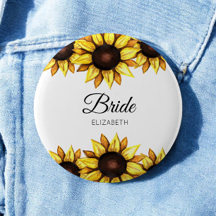 Badge Rond 5 Cm Mariée Tournesol Blanc Jaune Mariage