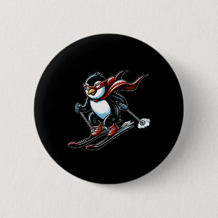 Badge Rond 5 Cm Mascotte pingouin de ski rapide avec cape rouge al