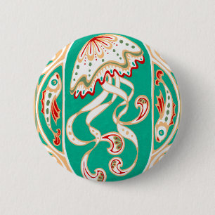 Badge Rond 5 Cm Méduses de Nouveau d'art or de turquoise de bouton