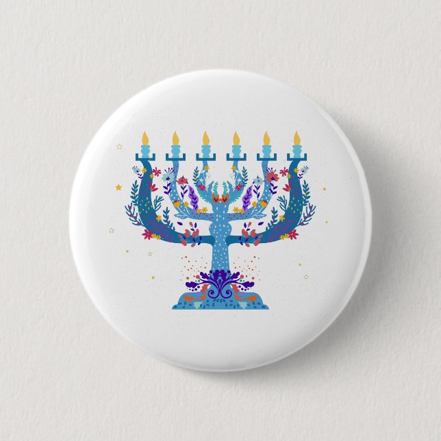 Badge Rond 5 Cm menorah à fleurs hanoukka (Devant)