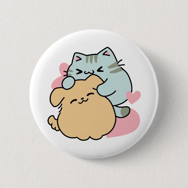Badge Rond 5 Cm Meow & Woof Perfect Together - Cute Cat and Dog (Devant)