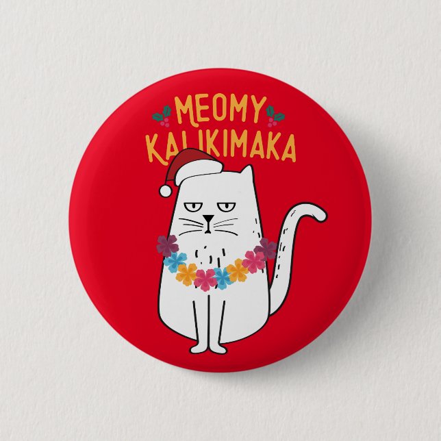 Badge Rond 5 Cm Meowy Kalikimaka Funny Chat Santa Hat Noël (Devant)
