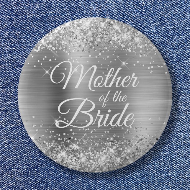Badge Rond 5 Cm Mère de la mariée Glittery Silver Foil (Mother of the Bride Glittery Silver Foil Button)