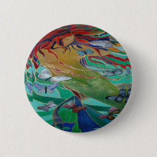 Badge Rond 5 Cm Mermaid Nage avec Papillons Imaginaire Art
